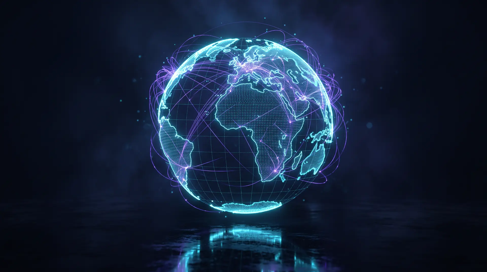 Wireframe globe of light points with glowing connections between continents